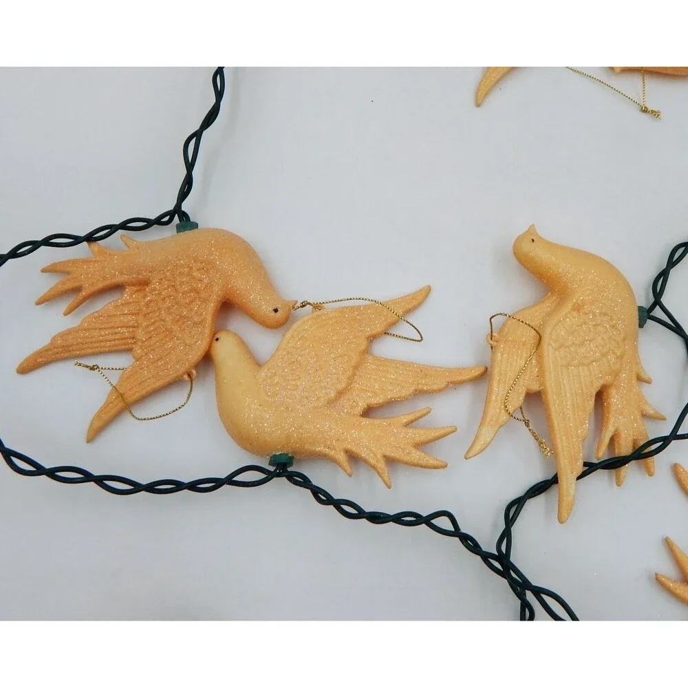 Vintage Blow Mold Dove Bird String Light Set Glitter Ornaments Set of 9 (10)